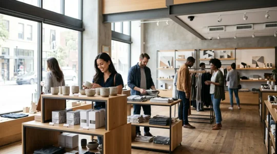 Commerce moderne avec système de sécurité discret et clients sereins dans leur parcours d'achat