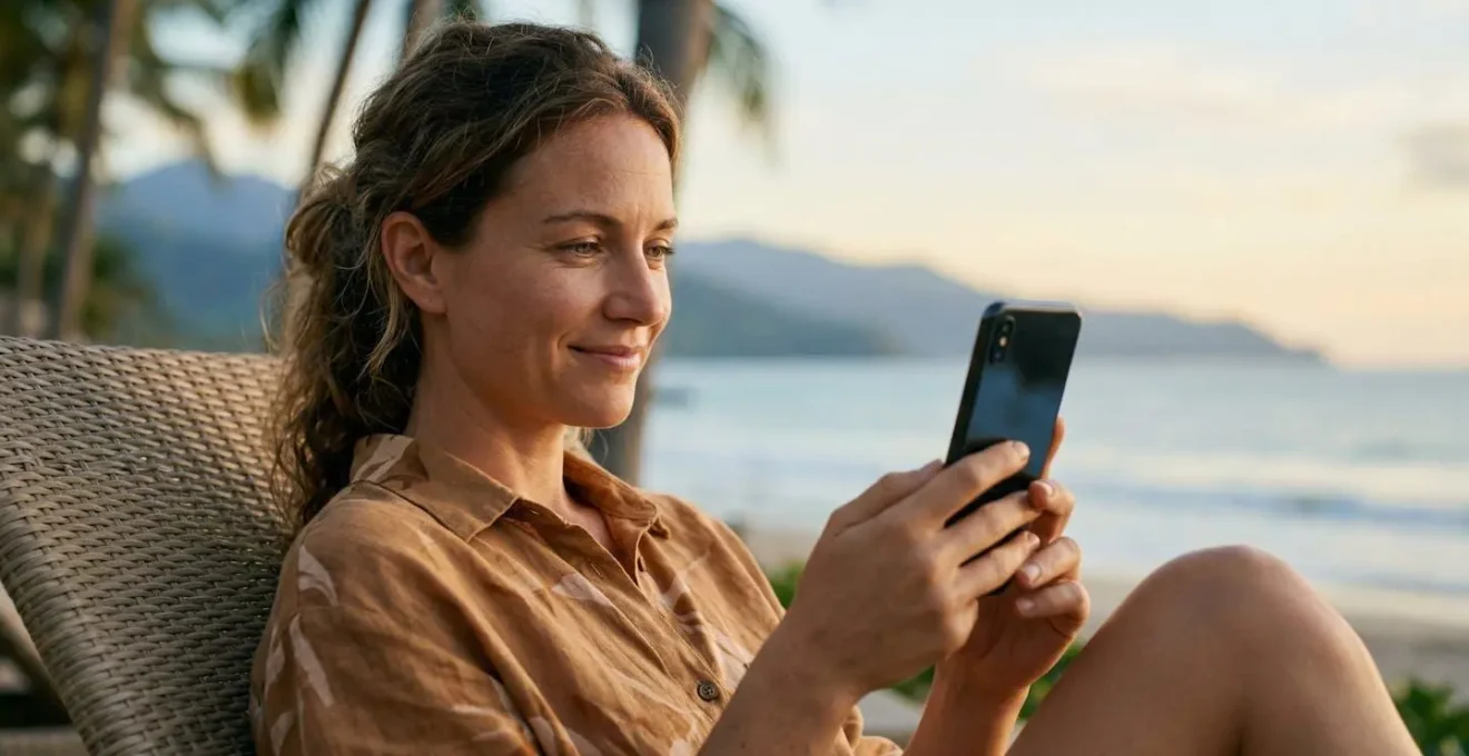 Propriétaire vérifiant l'état de sa maison de vacances depuis son smartphone