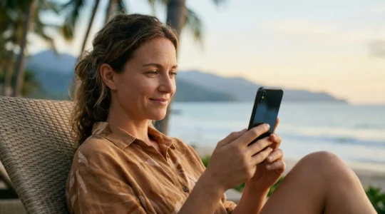 Propriétaire vérifiant l'état de sa maison de vacances depuis son smartphone