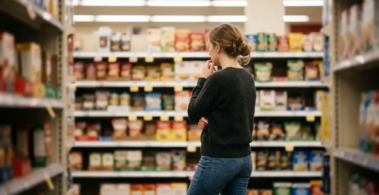 Client dans un magasin montrant une expression d'hésitation et de confusion devant un rayon de produits