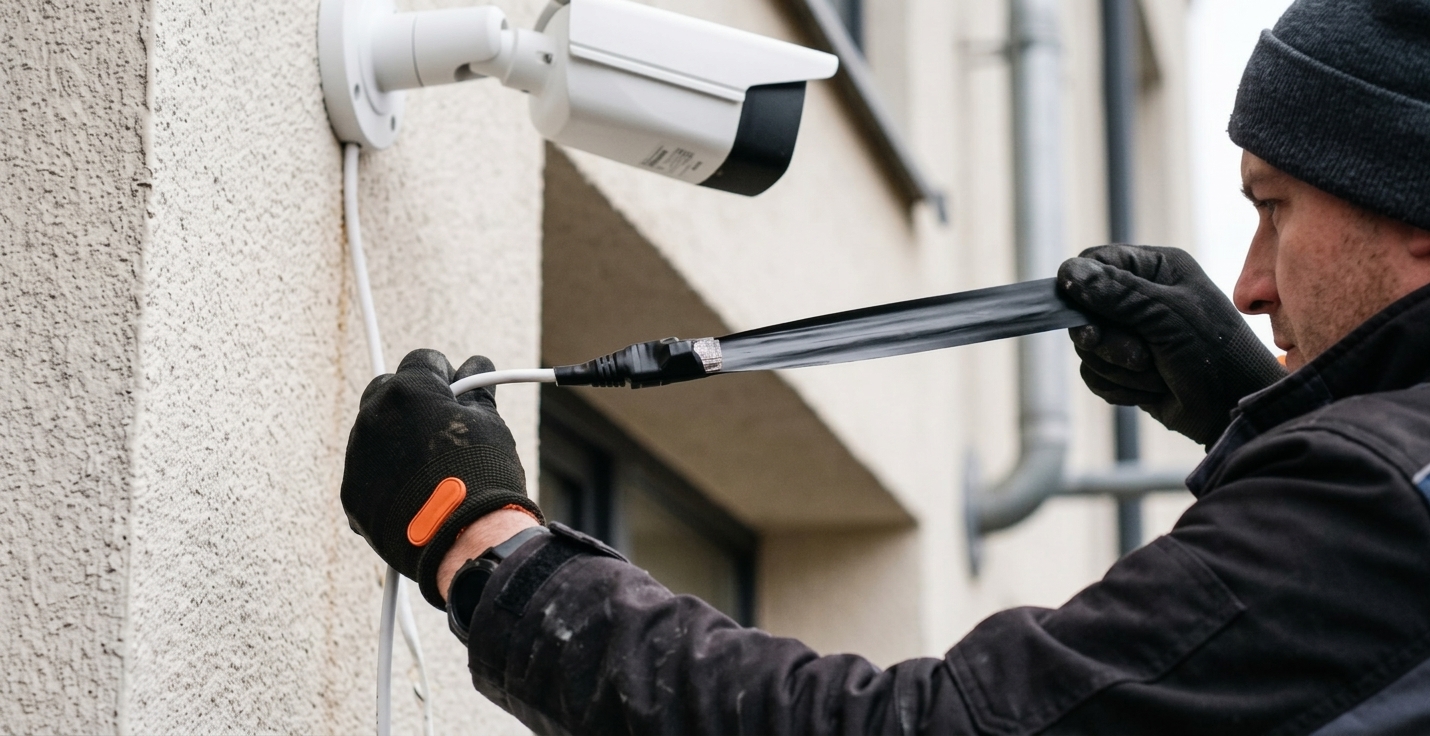 Un installateur enroule du ruban auto-amalgamant étiré autour d'un connecteur RJ45 de caméra extérieure.
