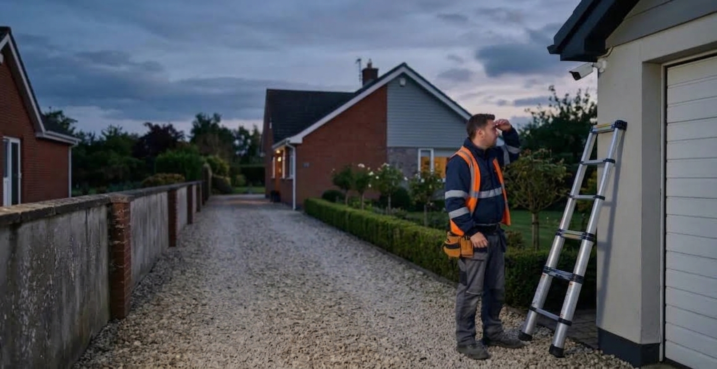 Un technicien vérifie une caméra bullet fixée en hauteur au-dessus d'une longue allée de garage au crépuscule.