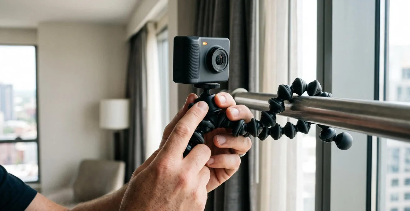 Gros plan sur des mains ajustant une mini-caméra fixée à l'aide d'un trépied flexible sur une tringle à rideaux métallique d'une chambre d'hôtel.