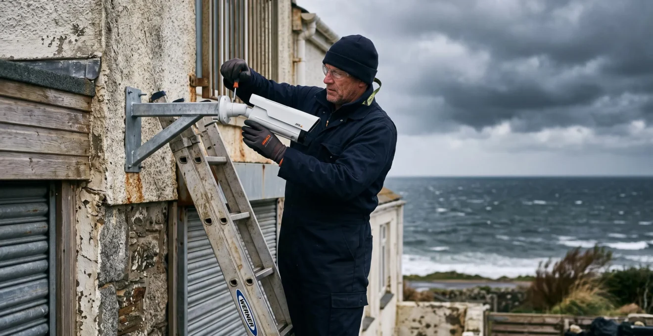 Un installateur fixe une caméra de surveillance extérieure sur une façade en bord de mer sous un ciel d'orage.