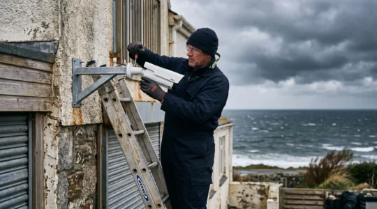 Un installateur fixe une caméra de surveillance extérieure sur une façade en bord de mer sous un ciel d'orage.
