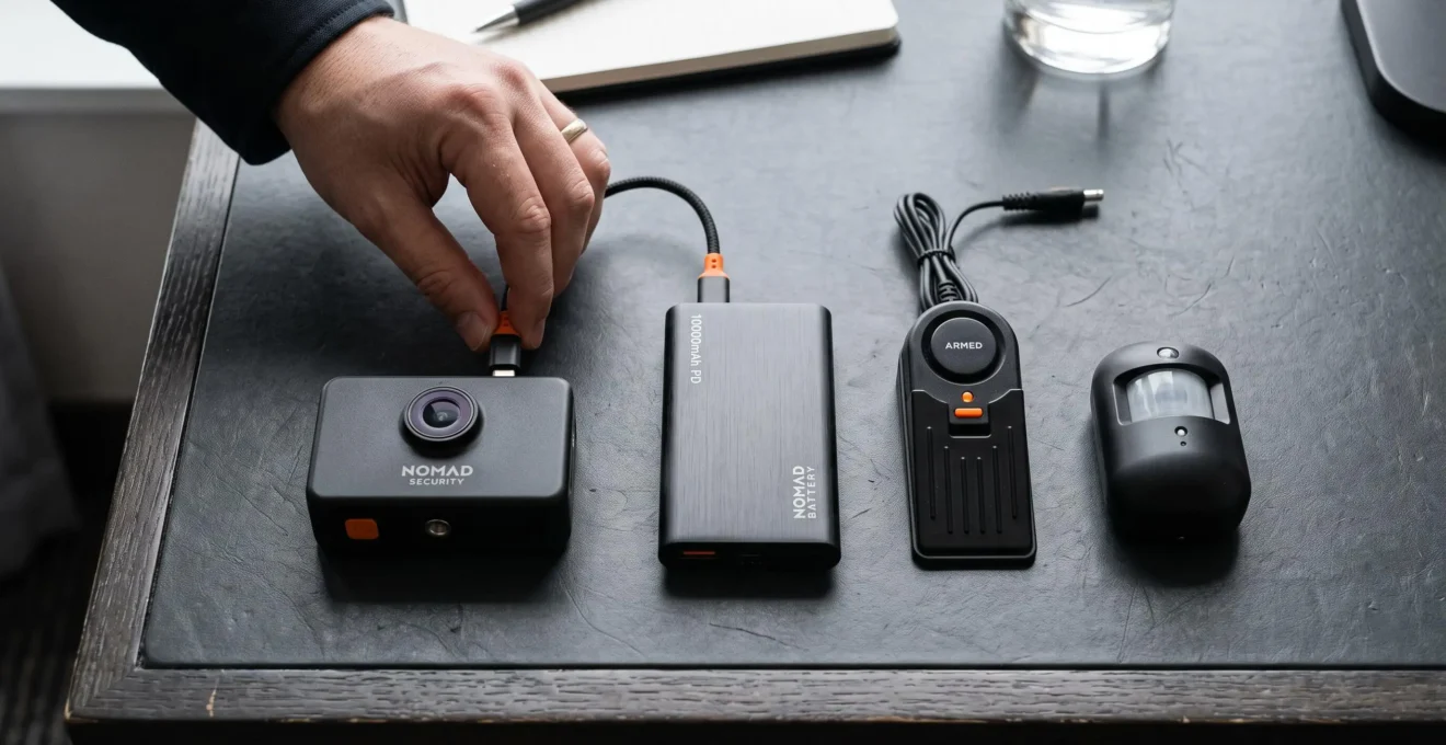 Vue de dessus d'un kit de sécurité nomade disposé sur un bureau : mini-caméra autonome, batterie externe, alarm de porte et détecteur de mouvement, une main reliant la batterie à la caméra.