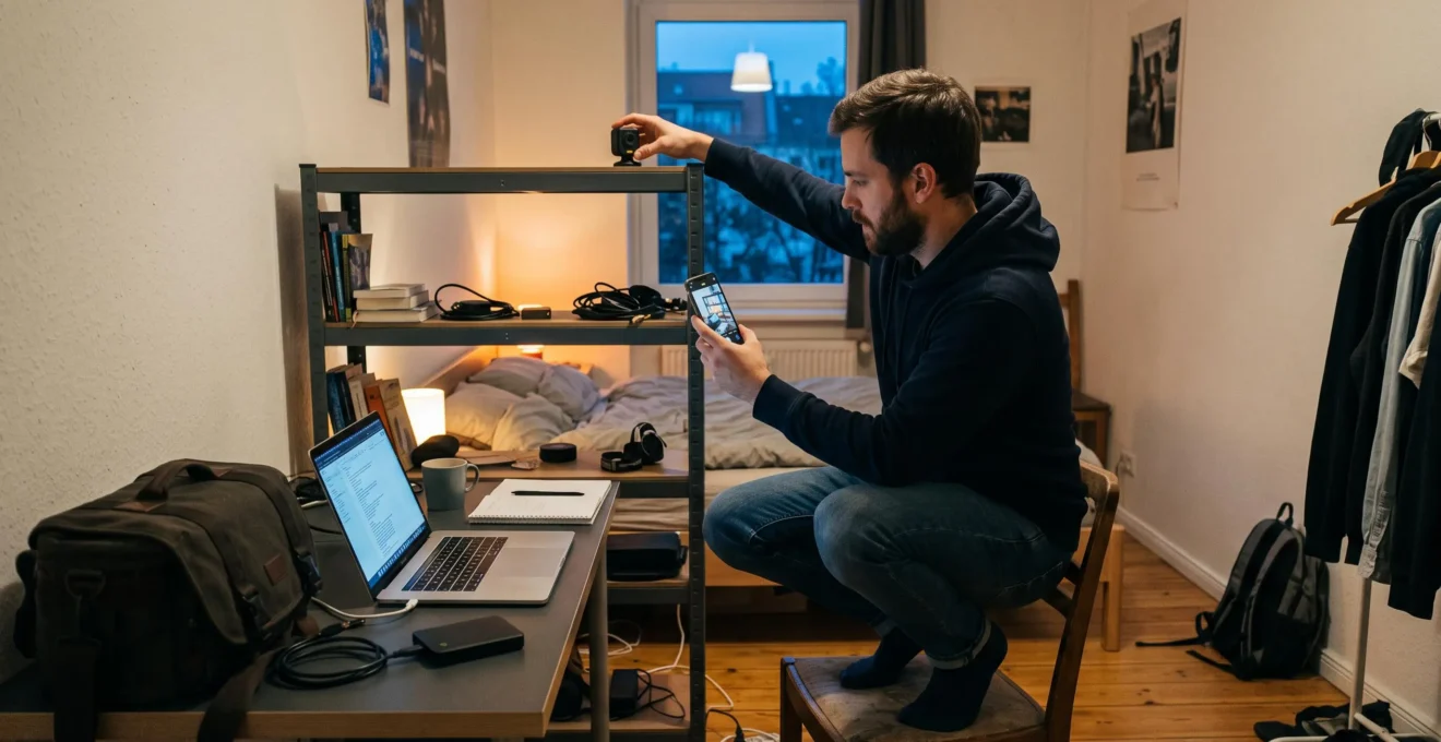 Un homme debout sur une chaise fixe une petite caméra autonome sur une étagère métallique en hauteur, son smartphone contrôlant la vue vers un bureau avec du matériel électronique.